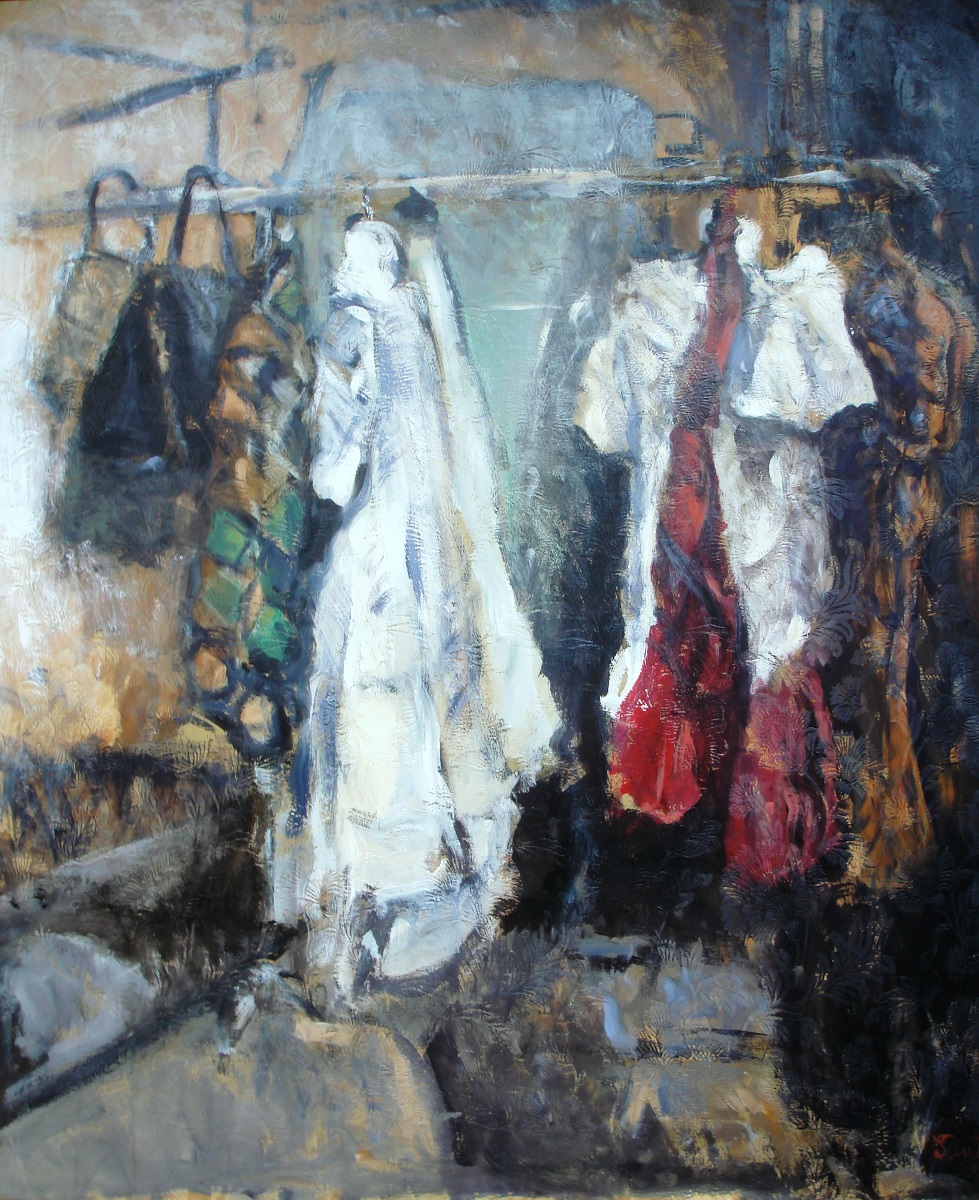 Vestiti, acrilico e smalto su tessuto damascato ,cm 150x130, 2010. Espos