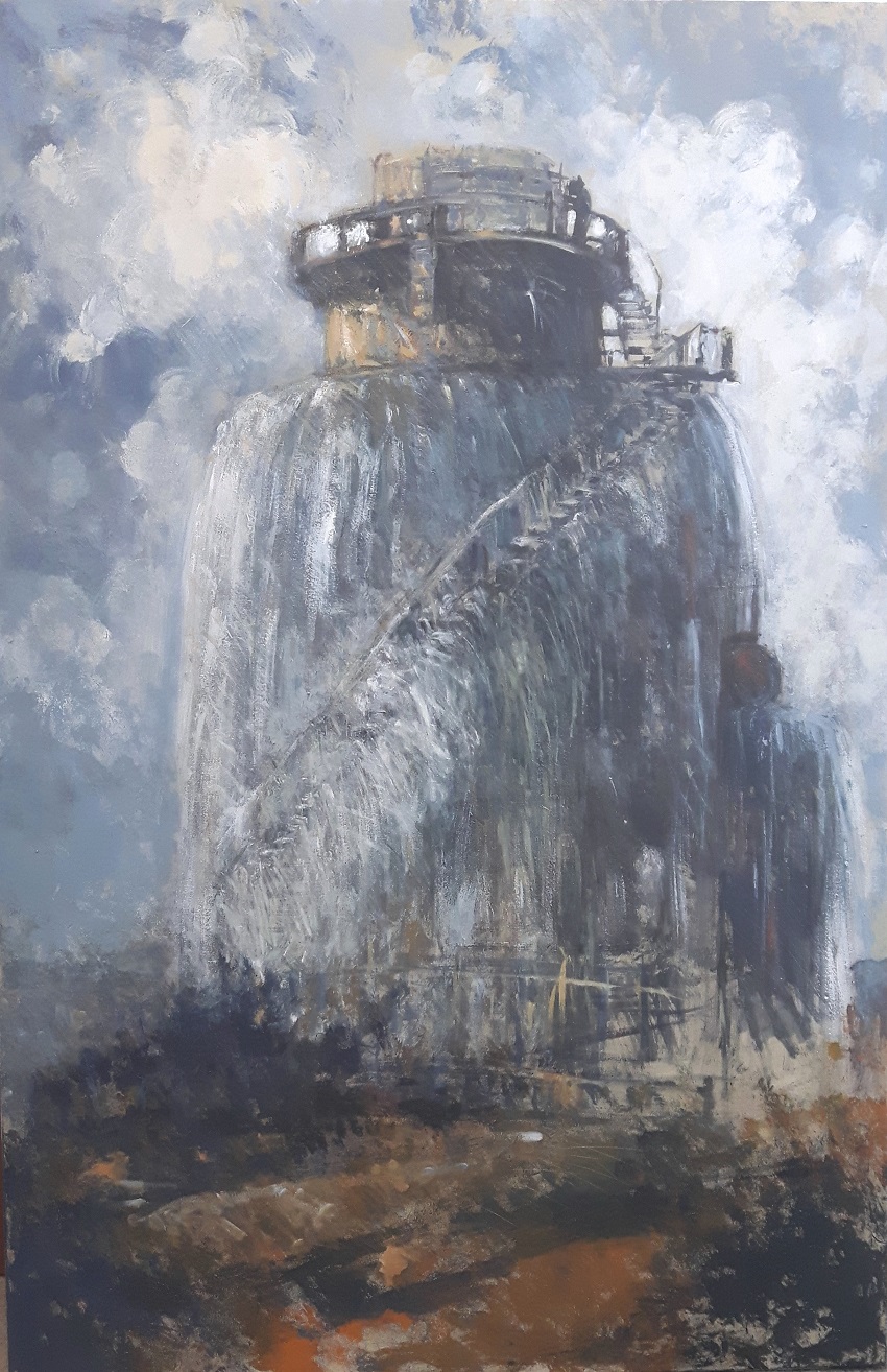 Torre d'acqua Ponton, acrilico e smalto su tela, cm 150x120cm, 2015 Collezione Consorzio Adige Garda. Verona